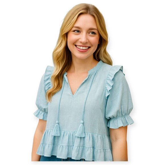 dRA Tops - Anthropologie DRA Icy Blue Cotton Tassel Blouse Small Lightweight Summer Top